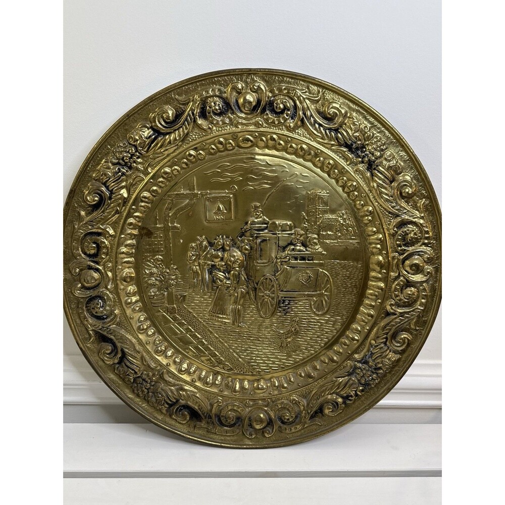 Antique Brass Wall Plaque “Ye Olde Inn” Coach Scene England 22” Vintage